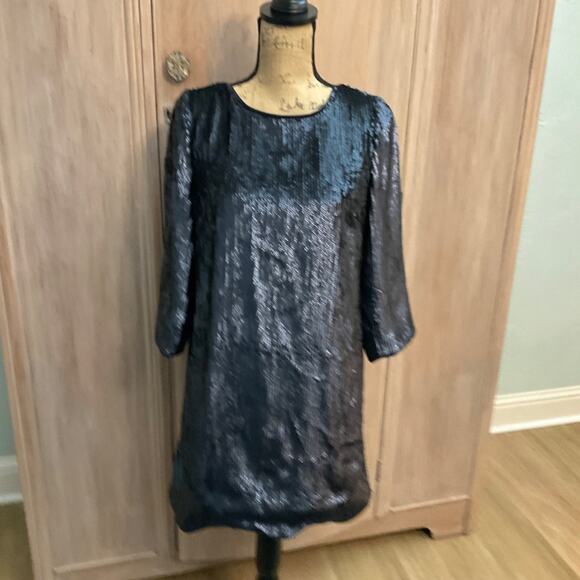 J.Crew Tie V-Back Sequin 3/4 Sleeve Mini Dress Size 4 Navy Holiday Disco NWT - Picture 2 of 15
